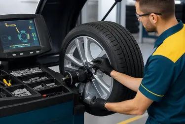 Equipamento de balanceamento de rodas sendo utilizado.