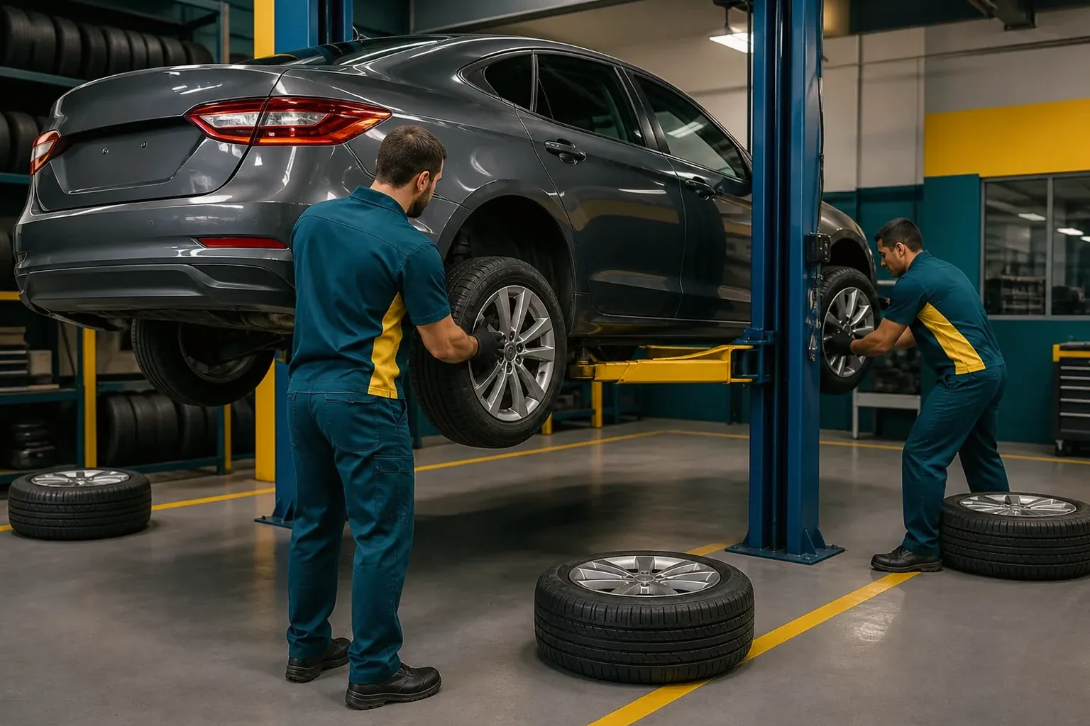 Mecânico realizando rodízio de pneus em carro.