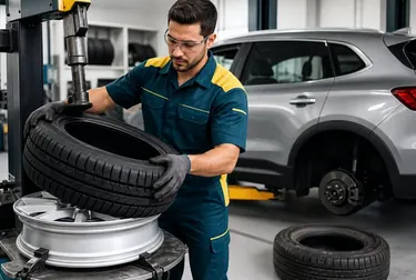 Mecânico trocando pneus de um carro em uma borracharia.