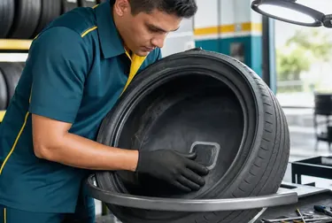 Profissional consertando um pneu em uma borracharia.