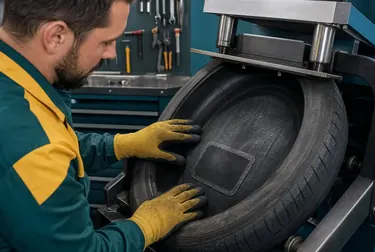 Profissional realizando vulcanização de um pneu.