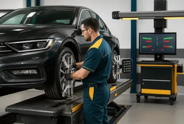 Técnico avaliando o alinhamento de rodas de um veículo.