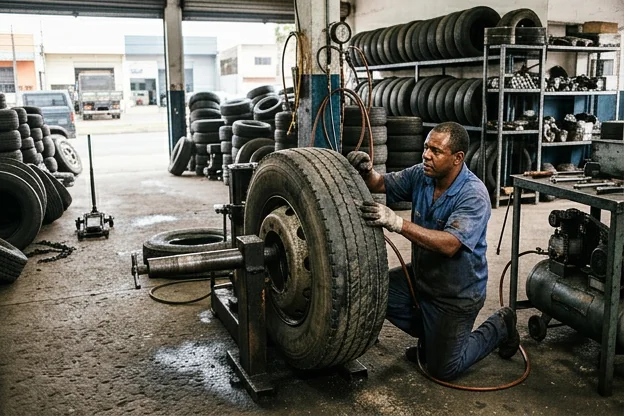 Técnico inspecionando a pressão e estado dos pneus de um carro.